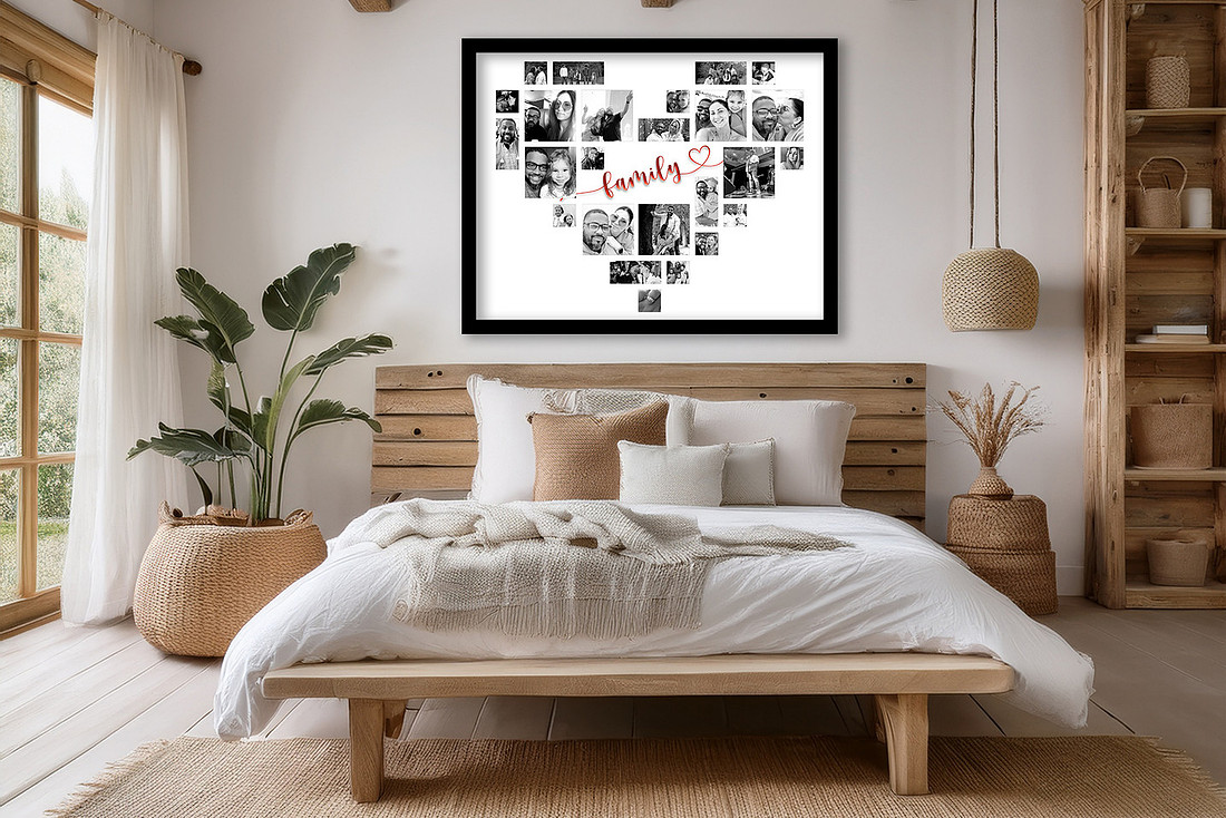 Cottage style bedroom with Signature Heart Collage on display